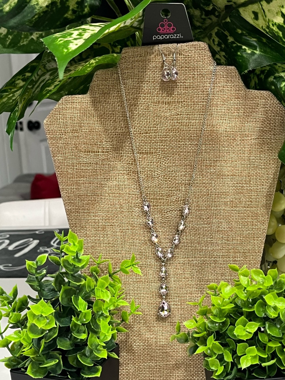 Paparazzi pink and Sparkling Silver Y-Drop Necklace and Earrings Set